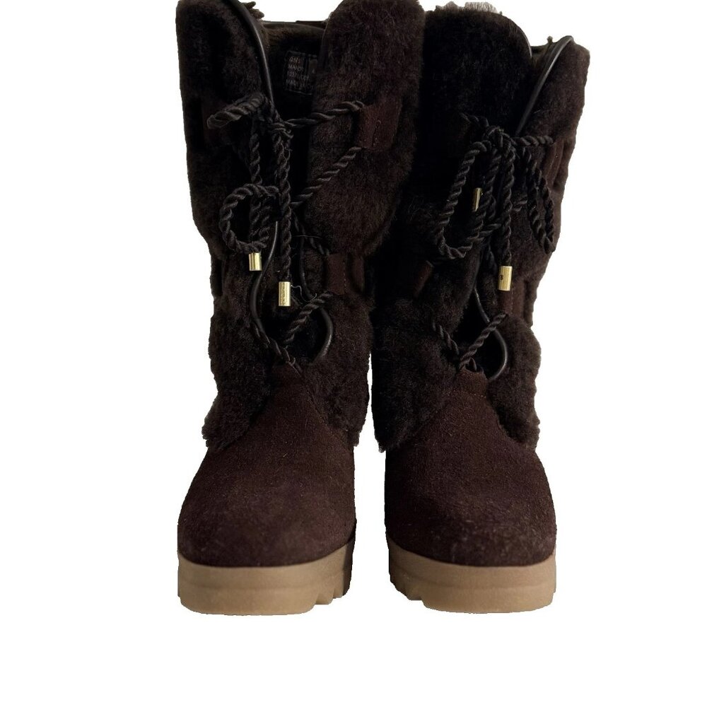 COACH Mandy Shearling Suede Wedge Booties – Size 6.5 – Brown